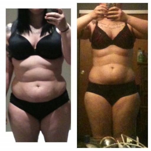A before and after photo of a 5'5" female showing a weight loss from 210 pounds to 170 pounds. A respectable loss of 40 pounds.
