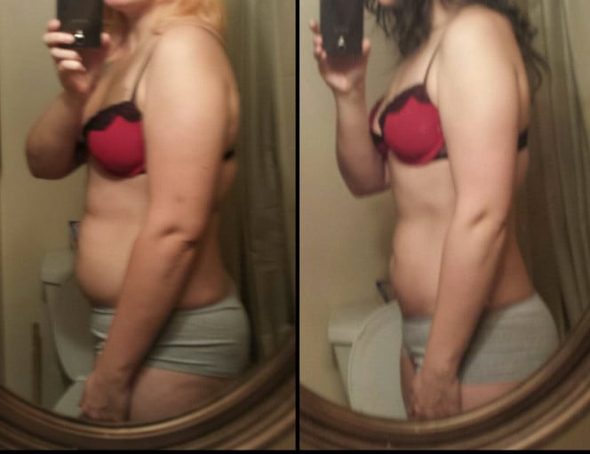 A progress pic of a 5'7" woman showing a fat loss from 173 pounds to 154 pounds. A net loss of 19 pounds.