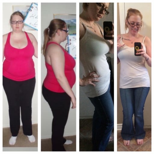 A before and after photo of a 5'8" female showing a weight reduction from 240 pounds to 168 pounds. A total loss of 72 pounds.