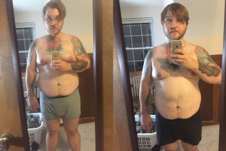 A photo of a 5'10" man showing a fat loss from 249 pounds to 239 pounds. A total loss of 10 pounds.