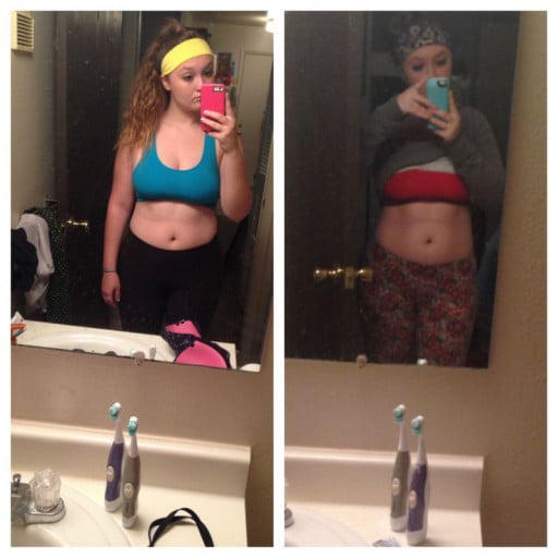 A before and after photo of a 5'5" female showing a weight reduction from 170 pounds to 164 pounds. A net loss of 6 pounds.