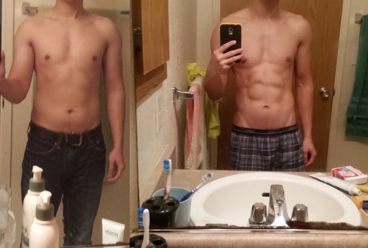 A before and after photo of a 5'7" male showing a fat loss from 145 pounds to 137 pounds. A respectable loss of 8 pounds.