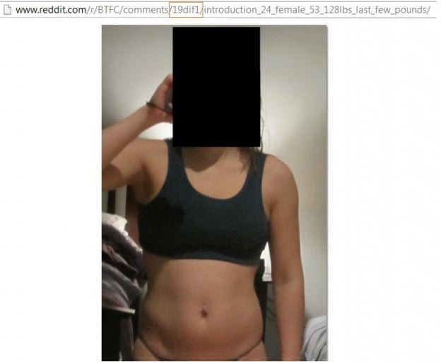 A before and after photo of a 5'3" female showing a snapshot of 128 pounds at a height of 5'3