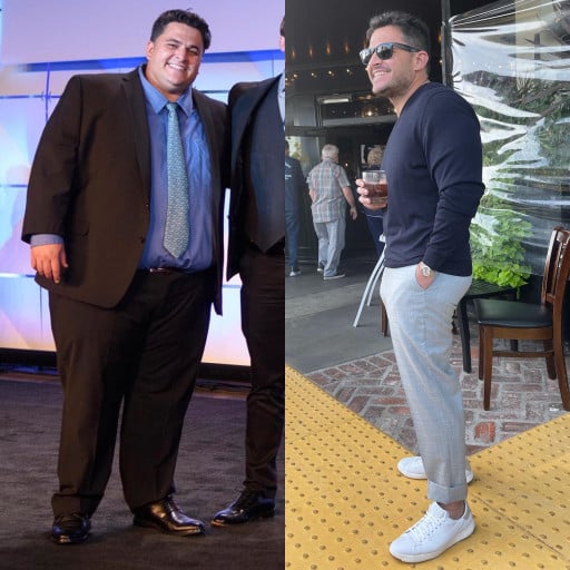 A picture of a 5'9" male showing a weight loss from 400 pounds to 225 pounds. A total loss of 175 pounds.