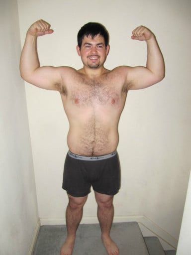 A before and after photo of a 5'8" male showing a weight cut from 225 pounds to 180 pounds. A total loss of 45 pounds.