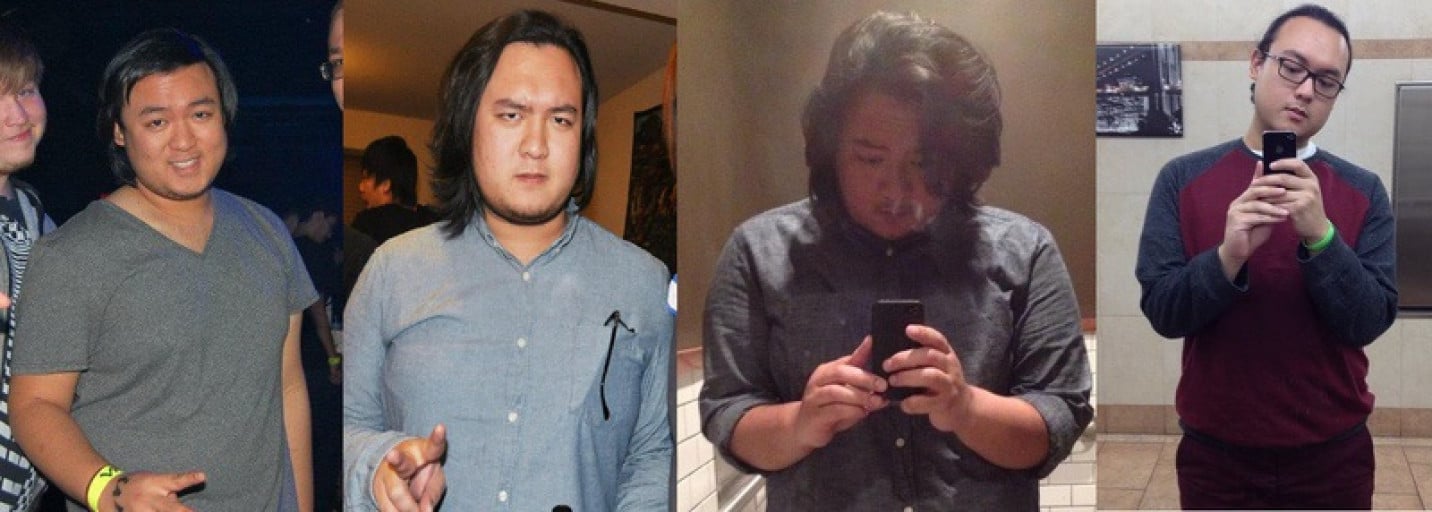 A before and after photo of a 5'11" male showing a weight reduction from 270 pounds to 199 pounds. A net loss of 71 pounds.