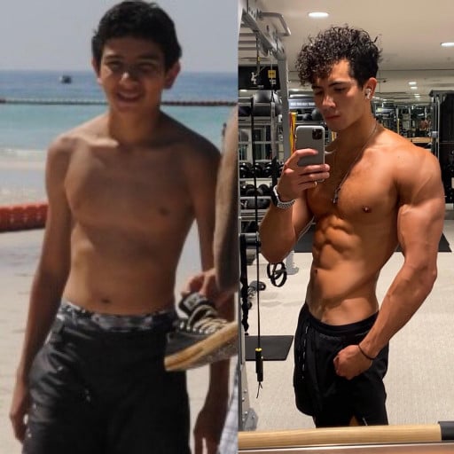 A progress pic of a 6'0" man showing a muscle gain from 130 pounds to 180 pounds. A net gain of 50 pounds.