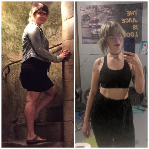 A before and after photo of a 5'6" female showing a weight reduction from 170 pounds to 135 pounds. A respectable loss of 35 pounds.