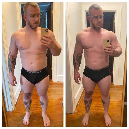 A progress pic of a 5'8" man showing a fat loss from 235 pounds to 225 pounds. A total loss of 10 pounds.