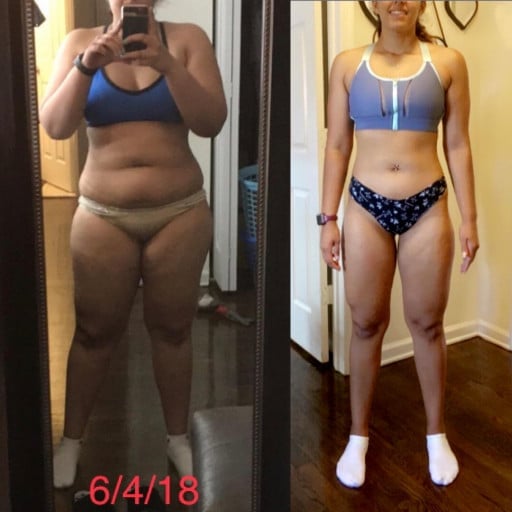 A before and after photo of a 5'6" female showing a weight reduction from 180 pounds to 135 pounds. A respectable loss of 45 pounds.