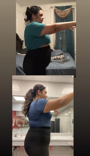 A before and after photo of a 5'8" female showing a weight reduction from 258 pounds to 208 pounds. A net loss of 50 pounds.