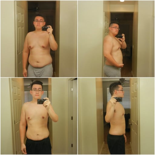 A before and after photo of a 6'0" male showing a weight reduction from 260 pounds to 204 pounds. A net loss of 56 pounds.