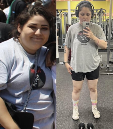 A before and after photo of a 5'2" female showing a weight reduction from 227 pounds to 178 pounds. A respectable loss of 49 pounds.