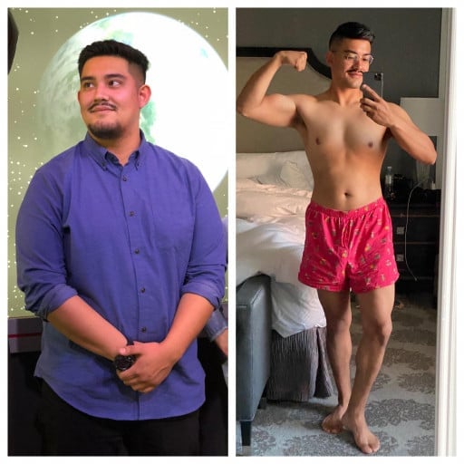 A progress pic of a 5'10" man showing a fat loss from 232 pounds to 162 pounds. A net loss of 70 pounds.