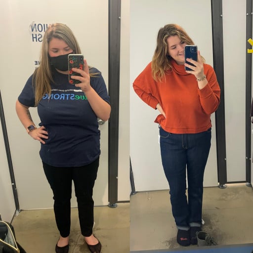 A before and after photo of a 5'5" female showing a weight reduction from 210 pounds to 180 pounds. A total loss of 30 pounds.