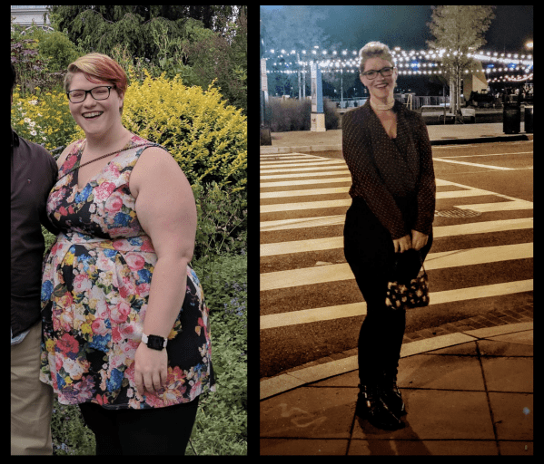 A progress pic of a 5'10" woman showing a fat loss from 320 pounds to 199 pounds. A total loss of 121 pounds.