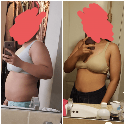 A progress pic of a 5'2" woman showing a fat loss from 188 pounds to 152 pounds. A respectable loss of 36 pounds.