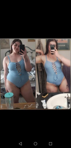 A progress pic of a 5'5" woman showing a fat loss from 225 pounds to 150 pounds. A respectable loss of 75 pounds.