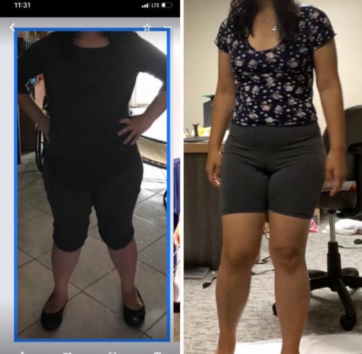 A progress pic of a 5'4" woman showing a fat loss from 176 pounds to 157 pounds. A respectable loss of 19 pounds.