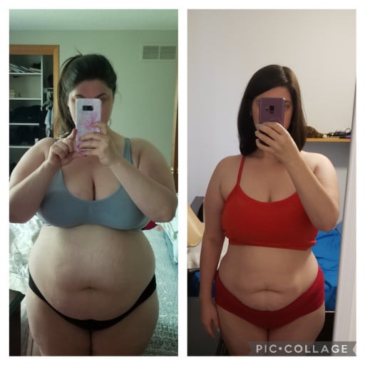 A before and after photo of a 5'8" female showing a weight reduction from 270 pounds to 199 pounds. A respectable loss of 71 pounds.