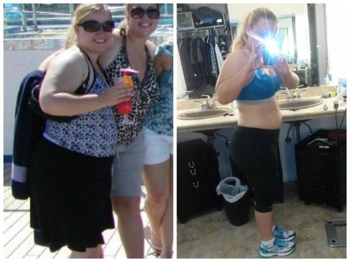 A progress pic of a 5'3" woman showing a fat loss from 240 pounds to 170 pounds. A net loss of 70 pounds.