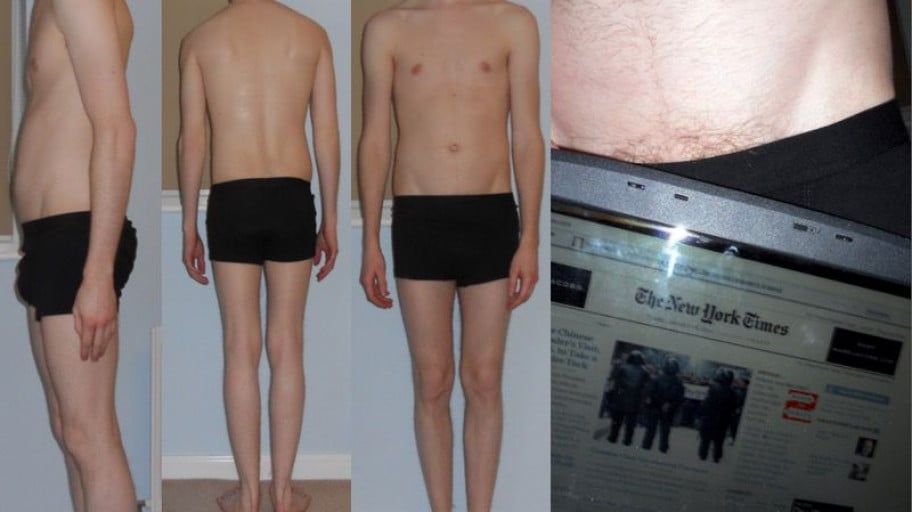 A before and after photo of a 5'7" male showing a snapshot of 112 pounds at a height of 5'7