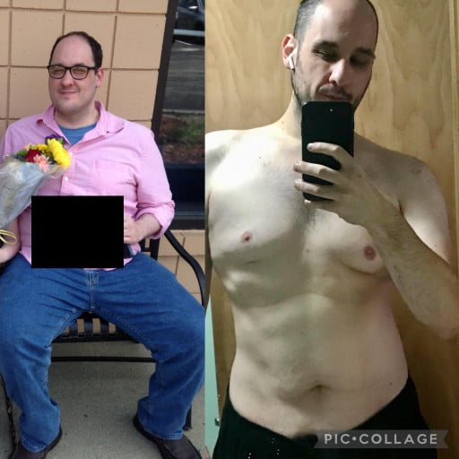 A picture of a 6'3" male showing a weight loss from 310 pounds to 215 pounds. A net loss of 95 pounds.