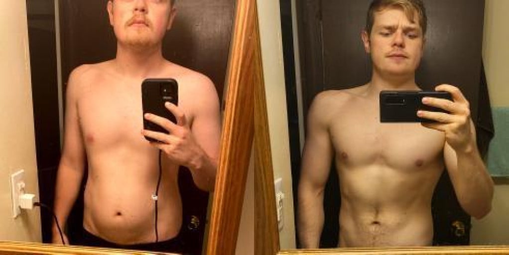 A progress pic of a 5'9" man showing a fat loss from 189 pounds to 21 pounds. A respectable loss of 168 pounds.