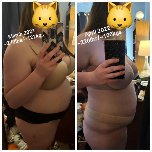 5 foot 7 Female Before and After 50 lbs Fat Loss 270 lbs to 220 lbs
