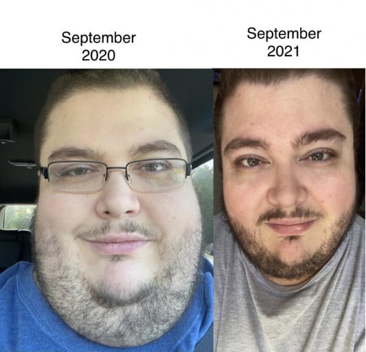 A progress pic of a 5'10" man showing a fat loss from 530 pounds to 454 pounds. A total loss of 76 pounds.