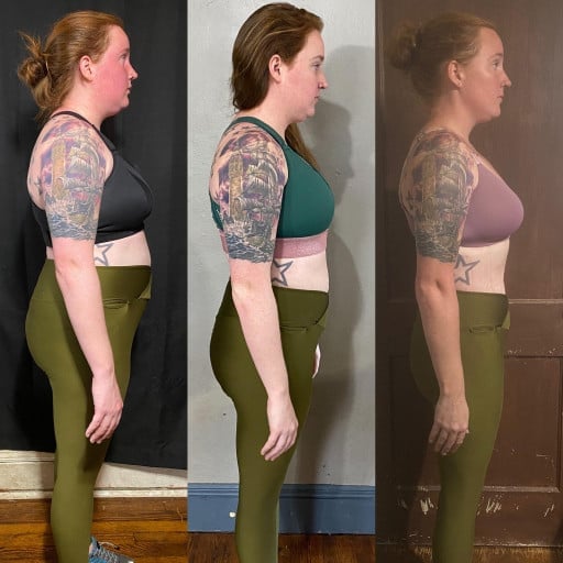 A before and after photo of a 5'6" female showing a weight reduction from 202 pounds to 146 pounds. A net loss of 56 pounds.