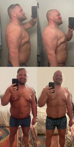 A progress pic of a 5'9" man showing a fat loss from 245 pounds to 228 pounds. A net loss of 17 pounds.