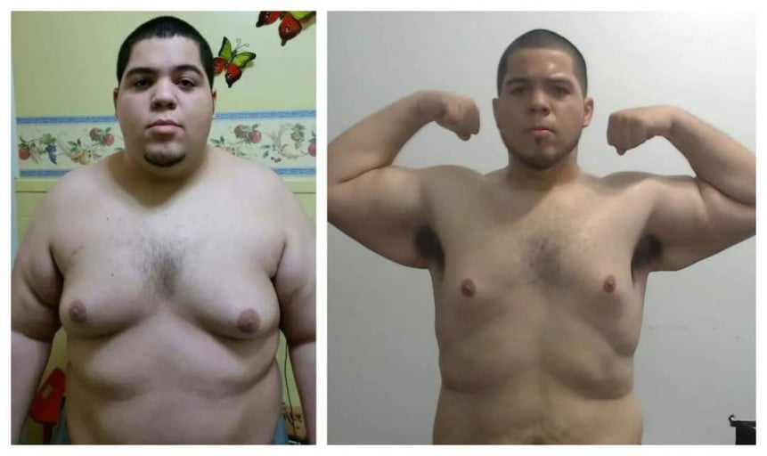 A photo of a 6'0" man showing a weight cut from 415 pounds to 275 pounds. A net loss of 140 pounds.
