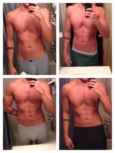 A before and after photo of a 5'10" male showing a muscle gain from 150 pounds to 160 pounds. A net gain of 10 pounds.