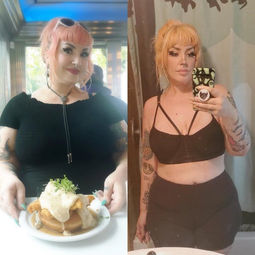 Before and After 100 lbs Fat Loss 5 foot 8 Female 323 lbs to 223 lbs