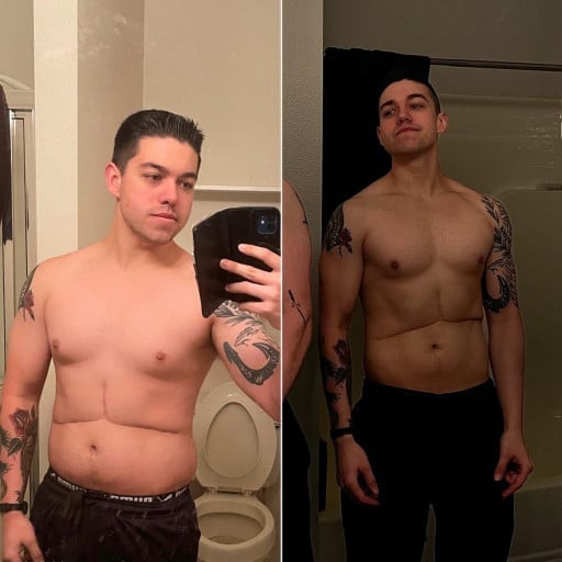 A before and after photo of a 5'9" male showing a weight reduction from 185 pounds to 155 pounds. A net loss of 30 pounds.
