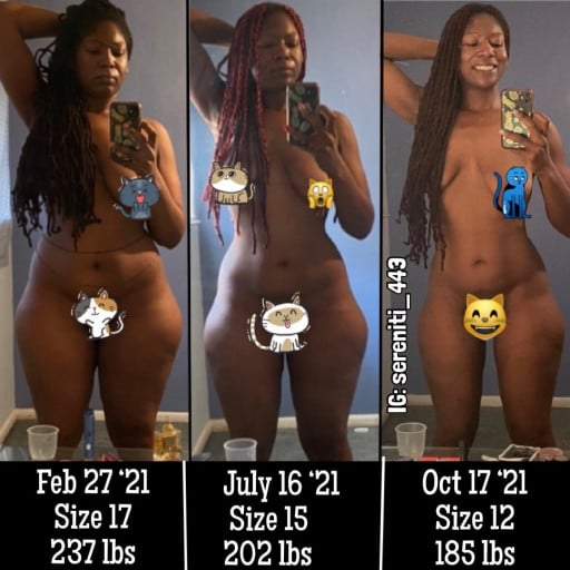 52 lbs Fat Loss Before and After 5 feet 11 Female 237 lbs to 185 lbs