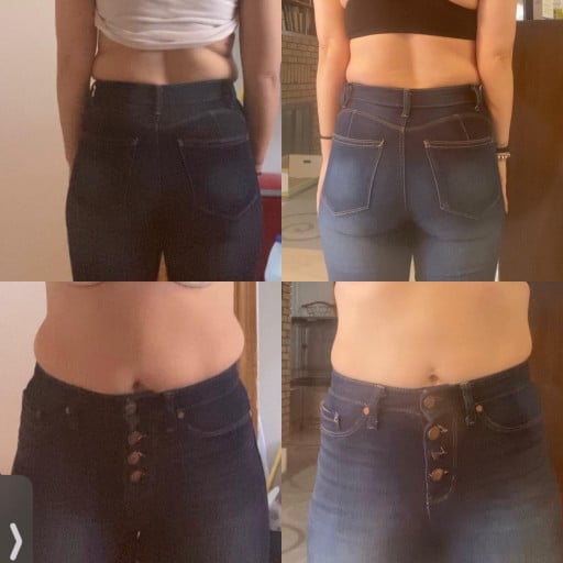 A progress pic of a 5'2" woman showing a fat loss from 125 pounds to 120 pounds. A respectable loss of 5 pounds.