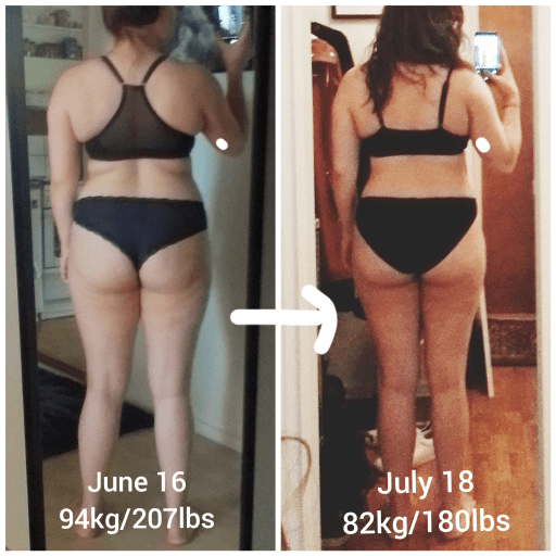 A photo of a 5'8" woman showing a weight cut from 207 pounds to 180 pounds. A respectable loss of 27 pounds.
