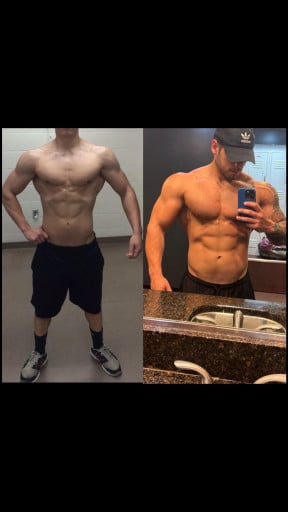 A progress pic of a 5'9" man showing a muscle gain from 135 pounds to 205 pounds. A total gain of 70 pounds.
