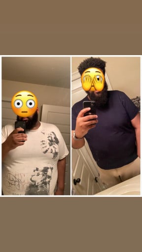 A before and after photo of a 6'5" male showing a weight reduction from 495 pounds to 353 pounds. A net loss of 142 pounds.