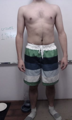 A before and after photo of a 5'6" male showing a snapshot of 148 pounds at a height of 5'6