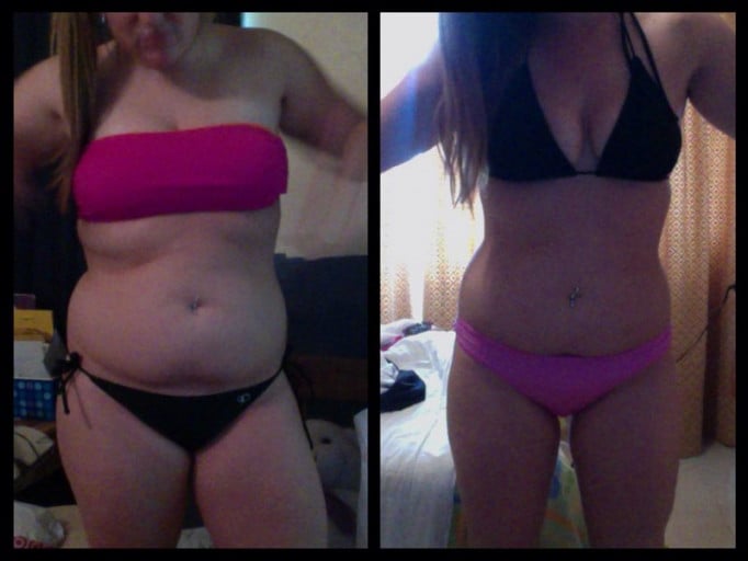 A progress pic of a 5'4" woman showing a fat loss from 195 pounds to 150 pounds. A total loss of 45 pounds.