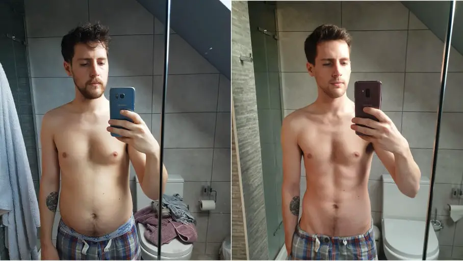 A progress pic of a 6'7" man showing a fat loss from 159 pounds to 138 pounds. A total loss of 21 pounds.