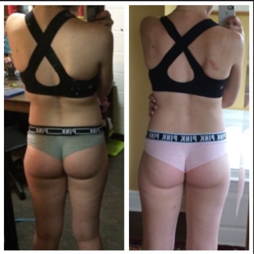 A progress pic of a 5'11" woman showing a weight cut from 165 pounds to 154 pounds. A respectable loss of 11 pounds.