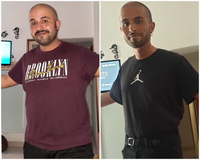 A picture of a 5'4" male showing a weight loss from 198 pounds to 143 pounds. A net loss of 55 pounds.