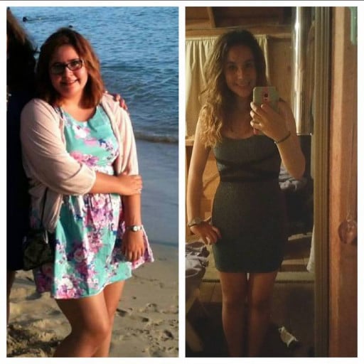 A picture of a 5'6" female showing a weight loss from 227 pounds to 135 pounds. A total loss of 92 pounds.
