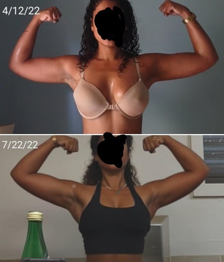A before and after photo of a 5'7" female showing a snapshot of 163 pounds at a height of 5'7
