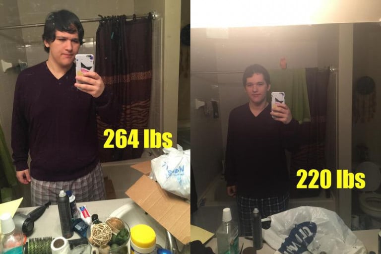 A before and after photo of a 6'2" male showing a weight reduction from 360 pounds to 220 pounds. A total loss of 140 pounds.