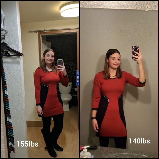 A progress pic of a 5'6" woman showing a fat loss from 170 pounds to 140 pounds. A total loss of 30 pounds.